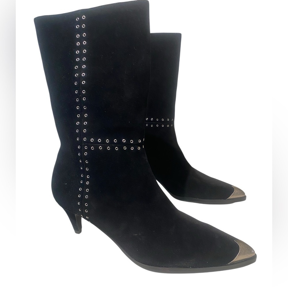 Caverley Women’s Black Suede Collie Western Metal Toe Studs Mid Calf New Size 38